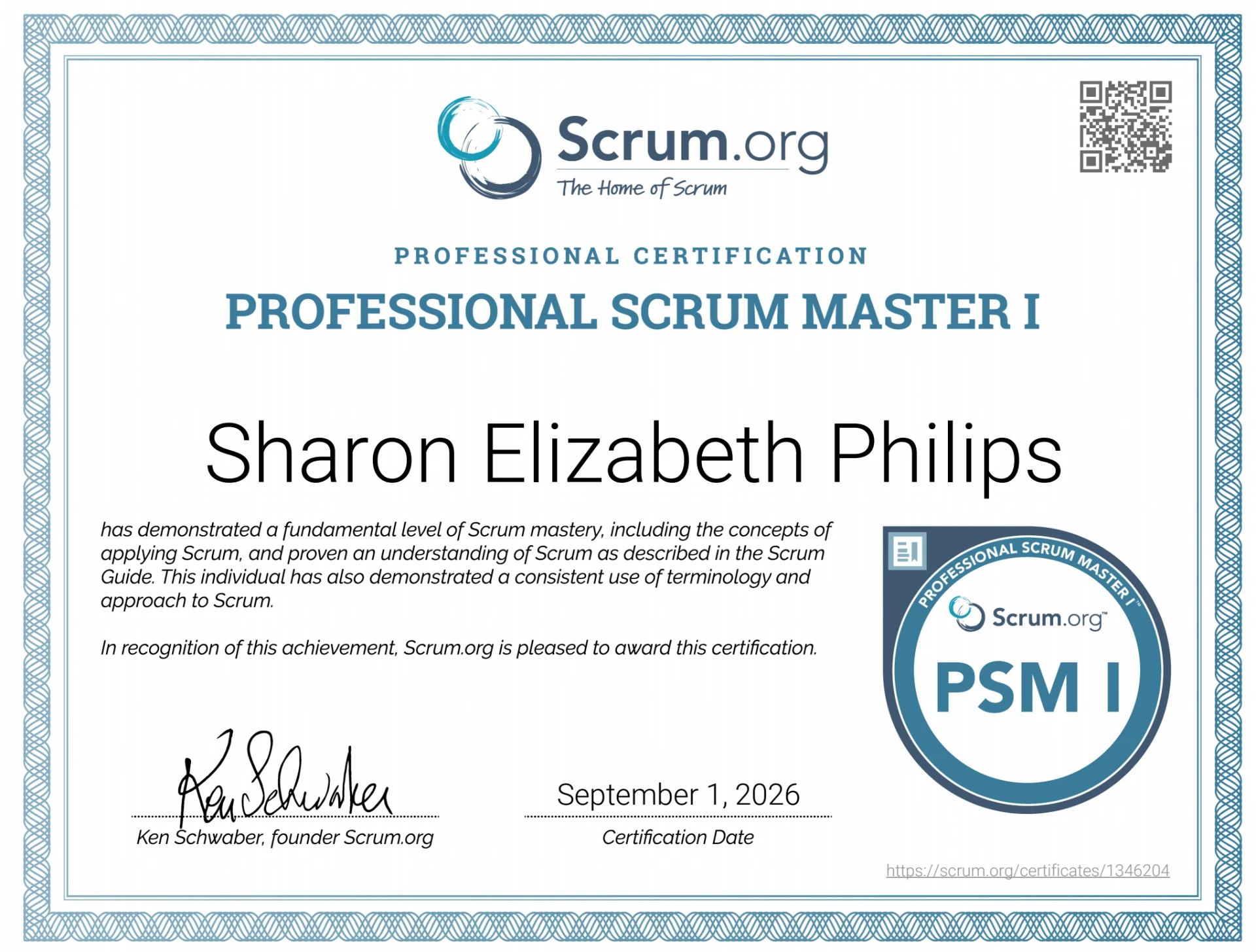 Professional Scrum Master I certificate